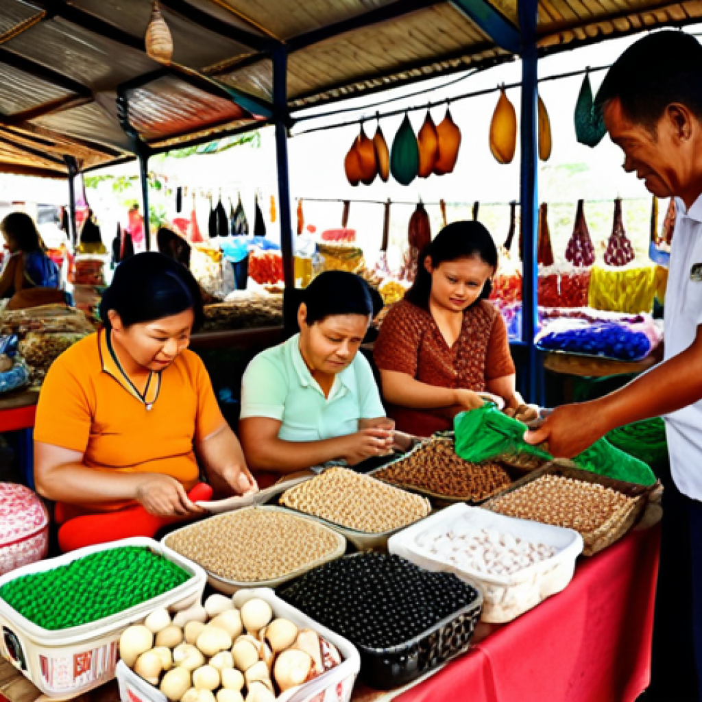 **Prompt:** A heartwarming scene in a vibrant Thai community market, bustling with activity. Diverse Thai people, young and old, are seen making purchases from local OTOP artisans. Focus on their expressions of pride and genuine connection as they choose handcrafted products, subtly highlighting the emotional value and the underlying cognitive bias of "supporting the village" and community well-being. Incorporate elements of circularity, perhaps a beautifully upcycled product displayed nearby, conveying a sense of collective responsibility and positive impact. The lighting is soft and natural, evoking warmth and authenticity.