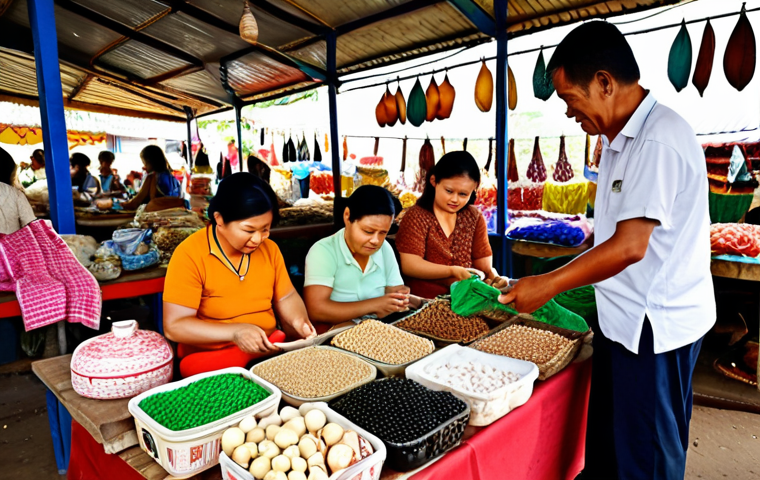 **Prompt:** A heartwarming scene in a vibrant Thai community market, bustling with activity. Diverse Thai people, young and old, are seen making purchases from local OTOP artisans. Focus on their expressions of pride and genuine connection as they choose handcrafted products, subtly highlighting the emotional value and the underlying cognitive bias of "supporting the village" and community well-being. Incorporate elements of circularity, perhaps a beautifully upcycled product displayed nearby, conveying a sense of collective responsibility and positive impact. The lighting is soft and natural, evoking warmth and authenticity.