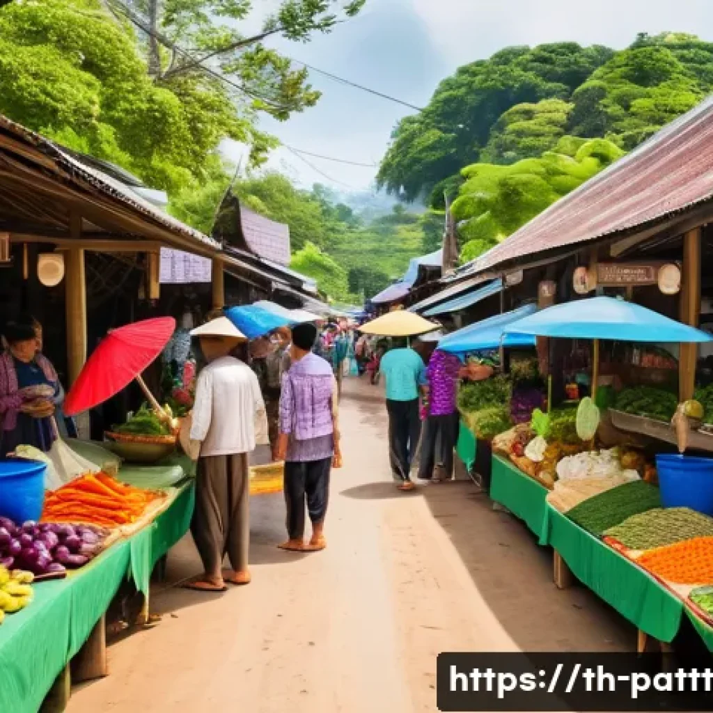 대안경제 모델의 실천적 접근 방법 - A vibrant community market scene in a rural Thai village, showing diverse local farmers and small bu...