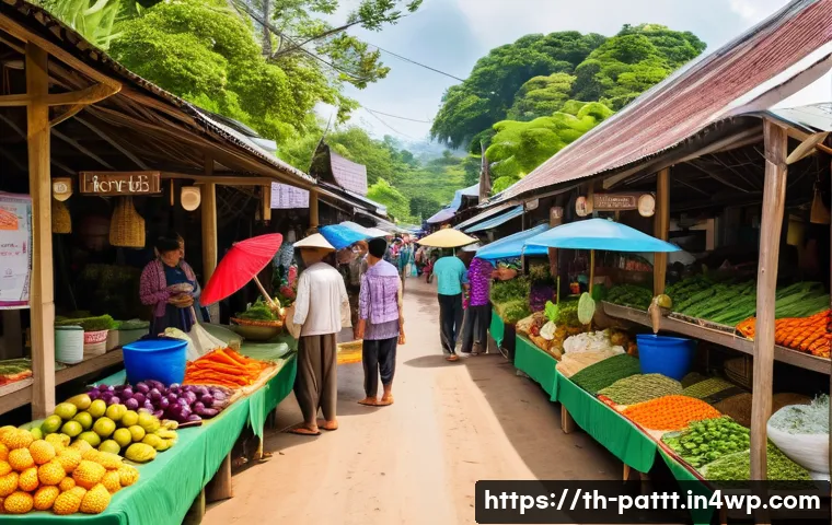 대안경제 모델의 실천적 접근 방법 - A vibrant community market scene in a rural Thai village, showing diverse local farmers and small bu...