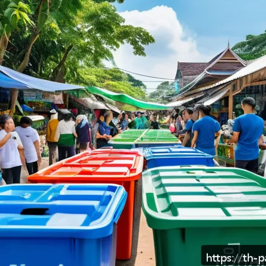 대안경제 모델을 위한 자원 활용 전략 - A vibrant Thai community recycling center scene, showcasing diverse people actively sorting plastic,...