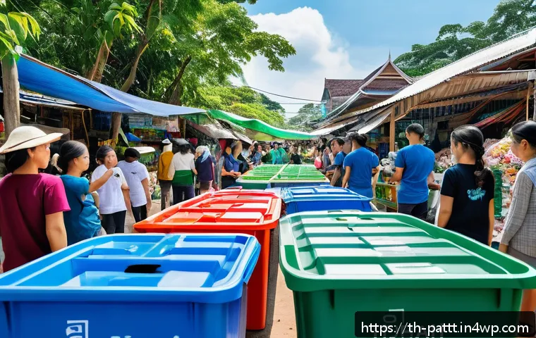 대안경제 모델을 위한 자원 활용 전략 - A vibrant Thai community recycling center scene, showcasing diverse people actively sorting plastic,...