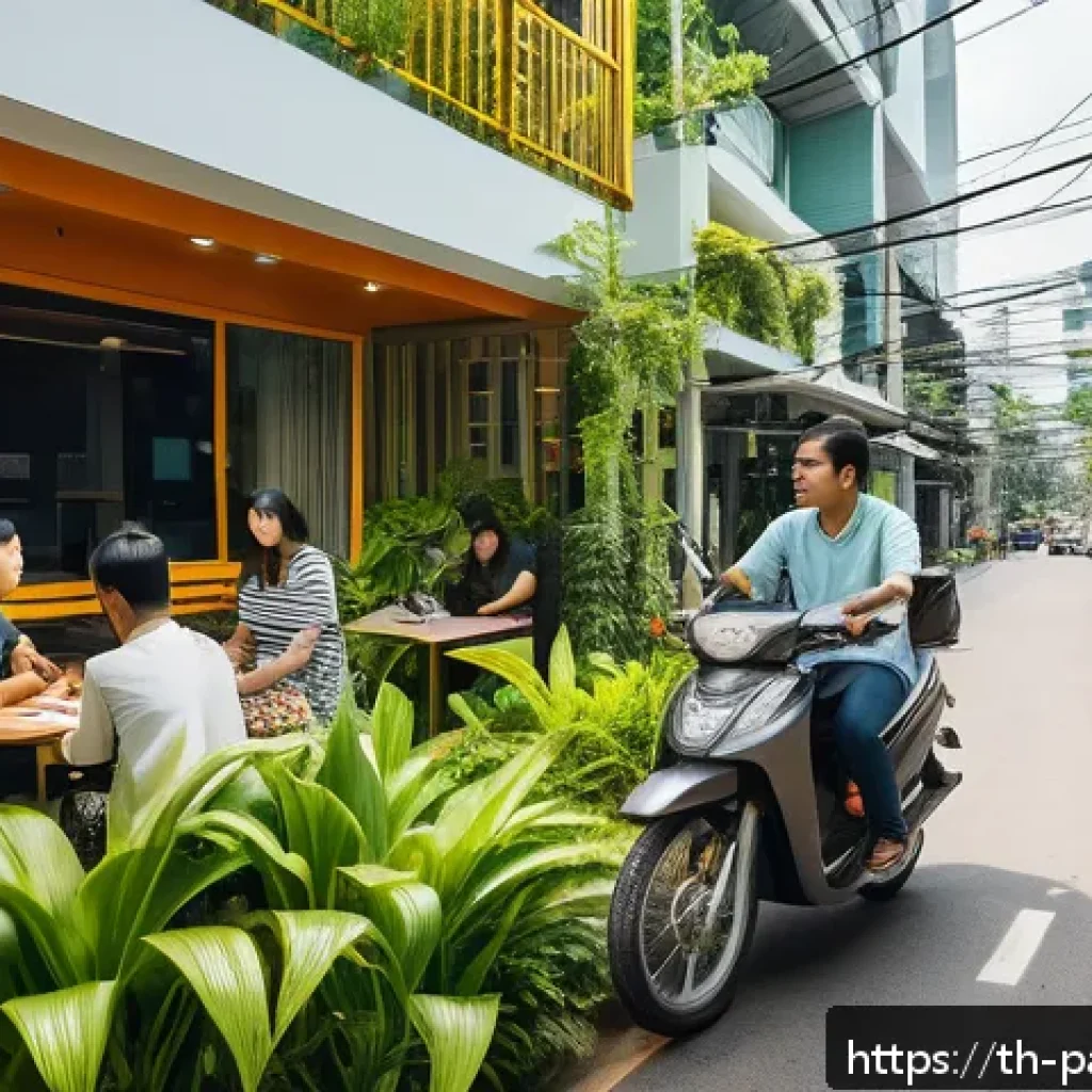 대안경제 모델의 사회적 혁신 사례 - A vibrant urban community scene in Bangkok showing people sharing resources: a co-working space with...
