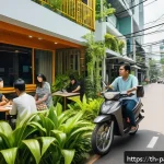 Home 22 대안경제 모델의 사회적 혁신 사례 - A vibrant urban community scene in Bangkok showing people sharing resources: a co-working space with...