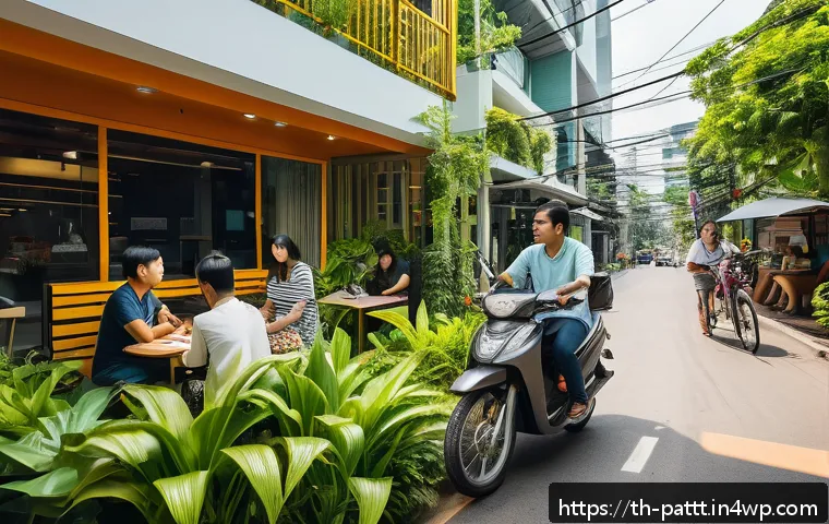 대안경제 모델의 사회적 혁신 사례 - A vibrant urban community scene in Bangkok showing people sharing resources: a co-working space with...