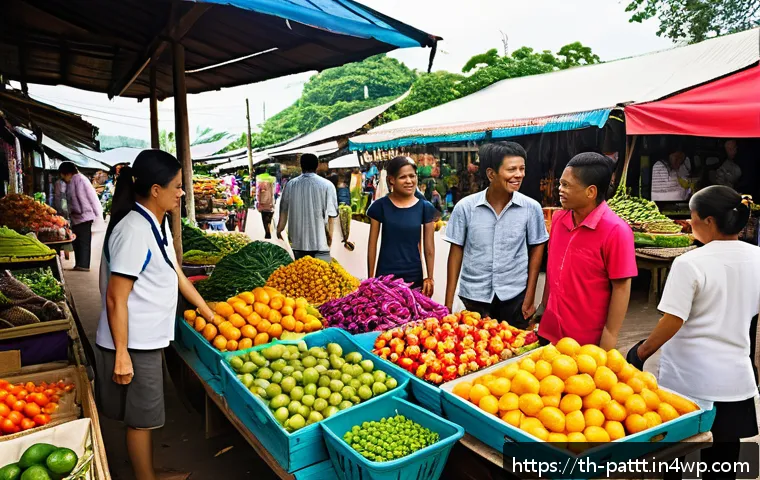 대안경제 모델의 이익 공유 메커니즘 - A vibrant local Thai community market scene during daytime, with diverse community members including...