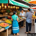 Home 23 정의된 대안경제 모델의 프레임워크 - A vibrant Thai community market scene showcasing a blend of traditional and modern elements, with sm...