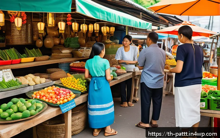 정의된 대안경제 모델의 프레임워크 - A vibrant Thai community market scene showcasing a blend of traditional and modern elements, with sm...