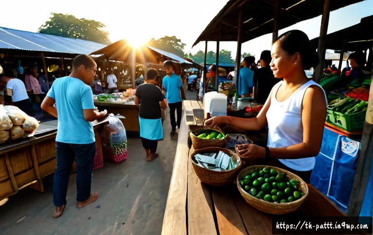 Home 17 대안경제 모델의 전환 과정 분석 - Photorealistic wide-angle scene of a Thai community market transitioning toward a local circular eco...